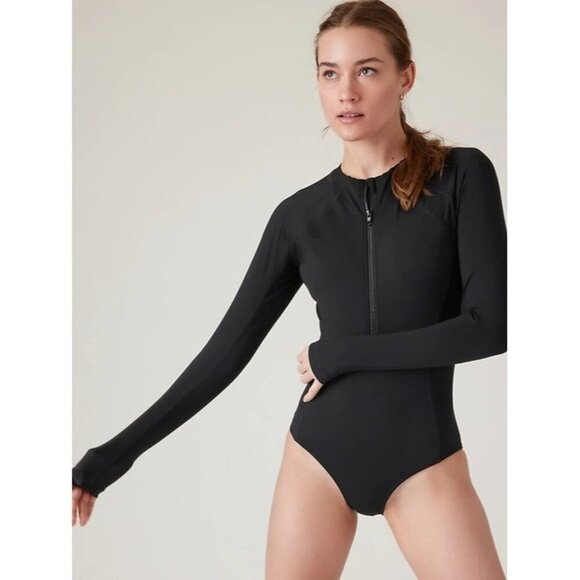 Athleta Black SUN SHIELD ONE PIECE RASHGUARD 1/2 zip Bodysuit XS - Picture 1 of 9